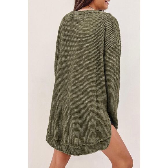 Azura Exchange  Oversized Green Waffle Knit High Slits Top - Picture 4 of 6
